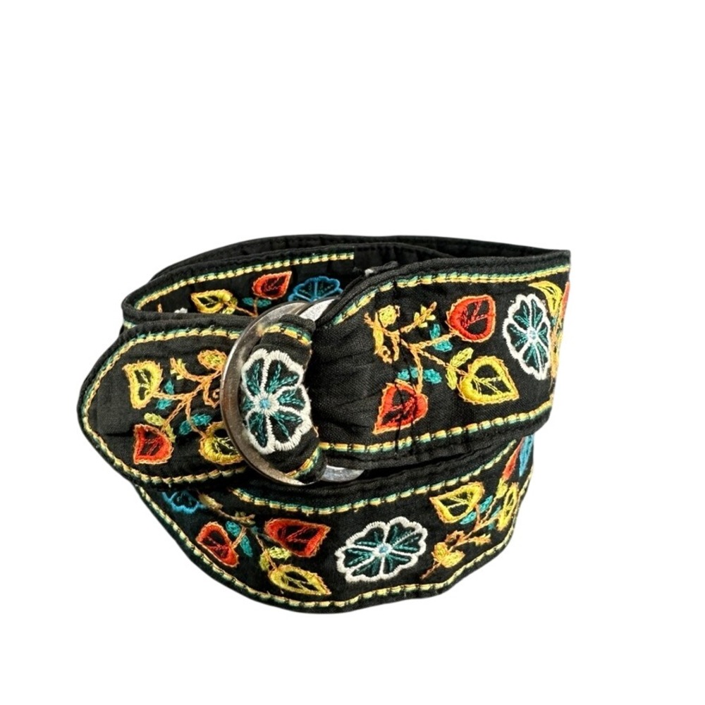 Boho Floral Embroidered D-Ring Belt Black Fabric Colorful Botanical 41 Inch